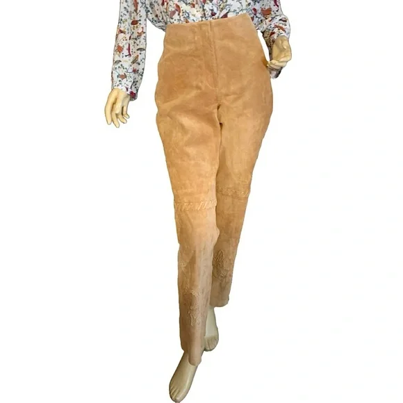 MARGARET GODFREY TAN SUEDE WHIP STITCH W/FLORAL DESIGN FLARE LEG PANTS (10) - Picture 3 of 14